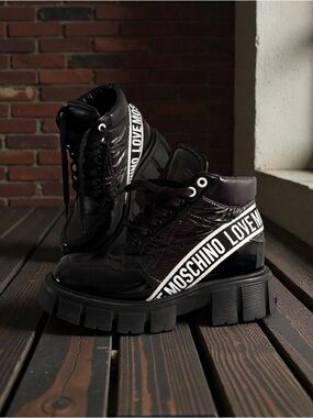 Love Moschino Black Lace-Up Platform Ankle Boots with White Logo Strap